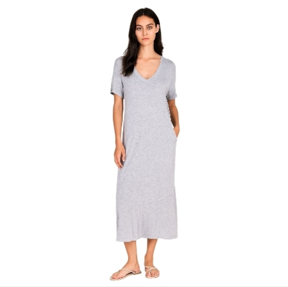 Norma Kamali V Neck Light Grey Jersey Knit Maxi Dress Casual Neutral Size XS